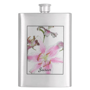 Pink Lily Delicate Pink Lily Flower on Silver Hip Flask