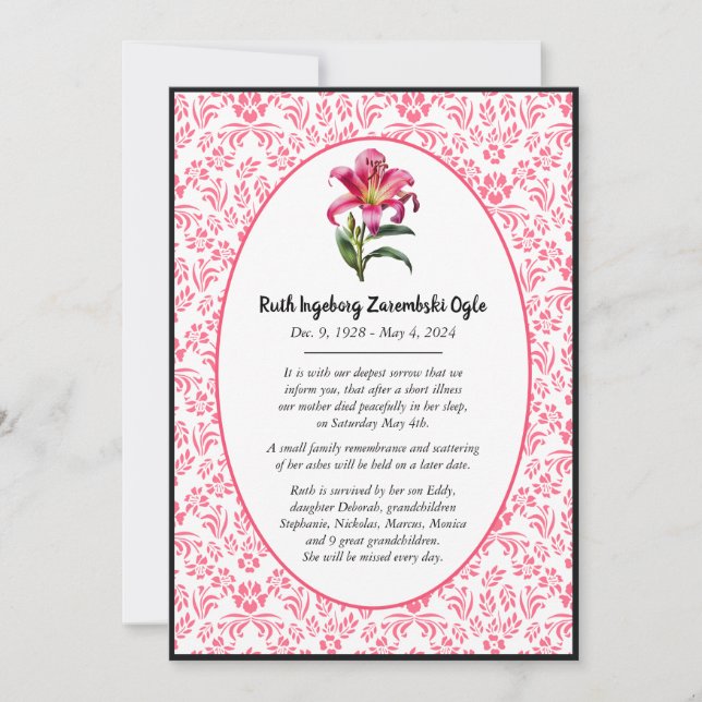 Pink Lily European Style Death Announcement Card (Front)