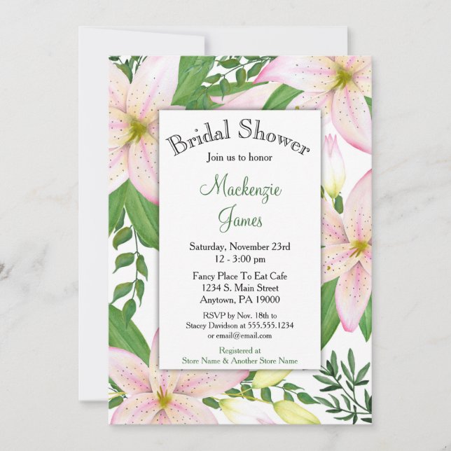 Pink Lily Floral Bridal Shower Invitation Lilies (Front)