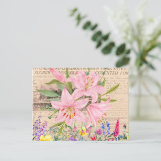 Pink Lily, Floral Watercolor, Vintage Newspaper Postcard