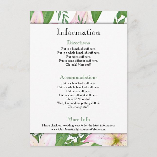 Pink Lily Floral Wedding Information Details Enclosure Card (Front)