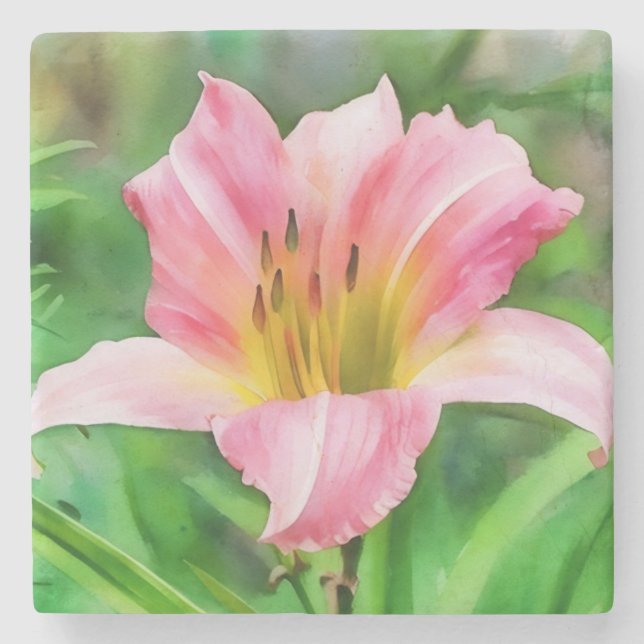 Pink Lily Flower Art Marble Stone Coaster (Front)
