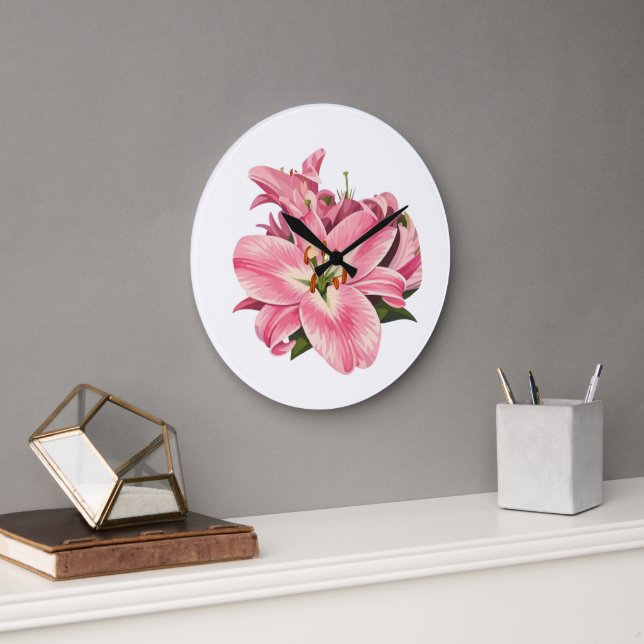 Pink Lily Flower Bouquet Large Clock (Office)