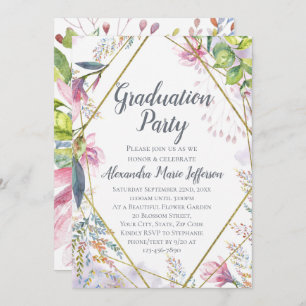 Pink Lily Flower Geometric Gold Girls Graduation Invitation