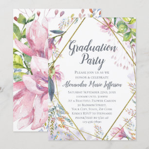 Pink Lily Flower Geometric Gold Girls Graduation Invitation
