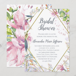Pink Lily Flower Geometric Watercolor Wedding Invitation