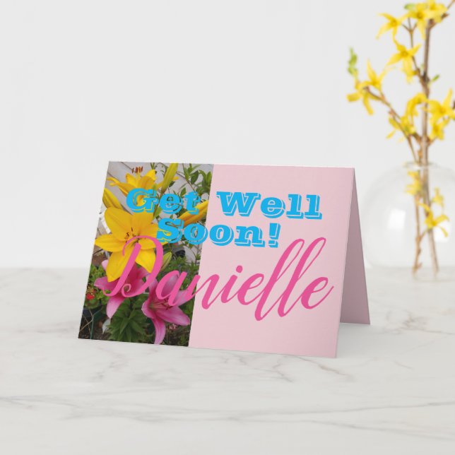 Pink Lily Flower Get Well Soon Womans Name Card (Yellow Flower)