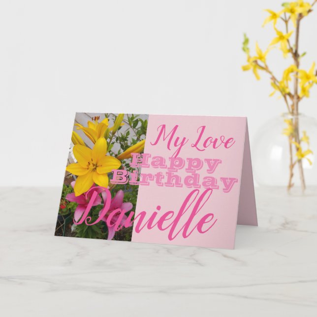 Pink Lily Flower Happy Birthday Womans Name Card (Yellow Flower)