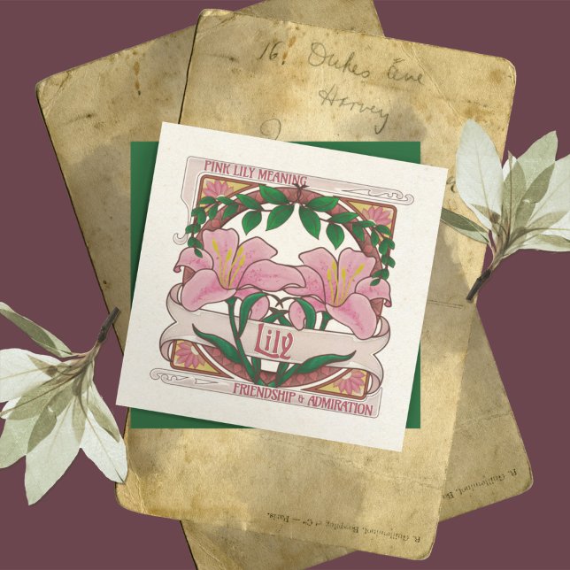 Pink Lily- Flower Meaning Friendship Greeting Card (Pink Lily: Language of Flowers Friendship and Admiration Vintage Style Greeting Card)