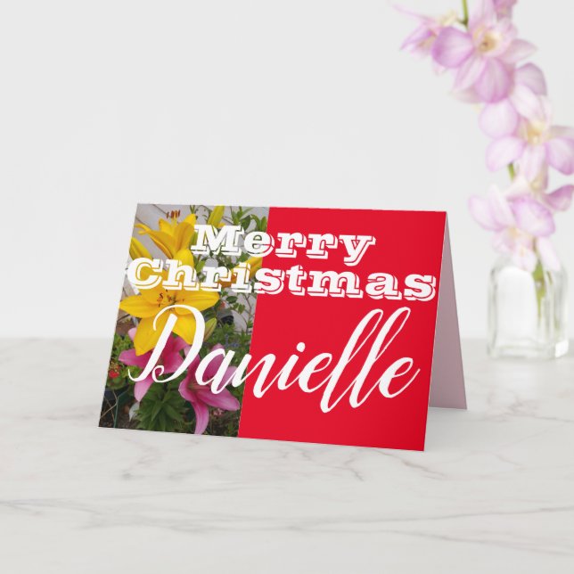 Pink Lily Flower Merry Christmas Womans Name Card (Orchid)