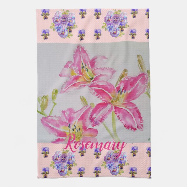 Pink Lily Flower Pink Watercolour Floral Flower Te Tea Towel (Vertical)