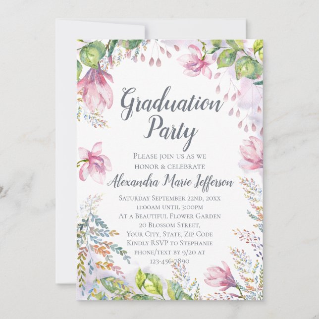 Pink Lily Flower Watercolor Floral Girl Graduation Invitation (Front)
