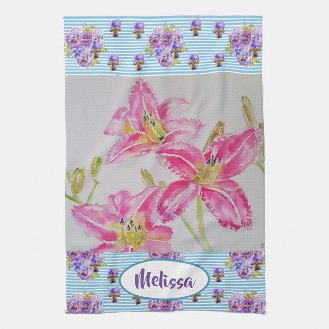 Pink Lily Flower Watercolour Floral Ladies Name  Tea Towel (Vertical)