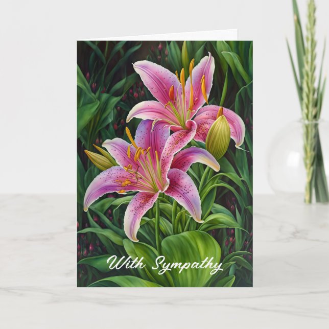 Pink Lily Flowers Art Sympathy Card (Front)