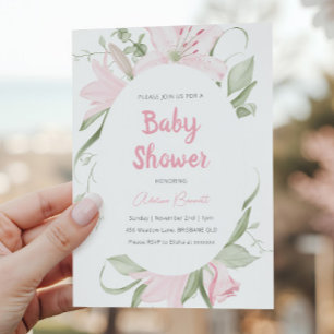Pink Lily Flowers Green Leaves Baby Shower Invitation