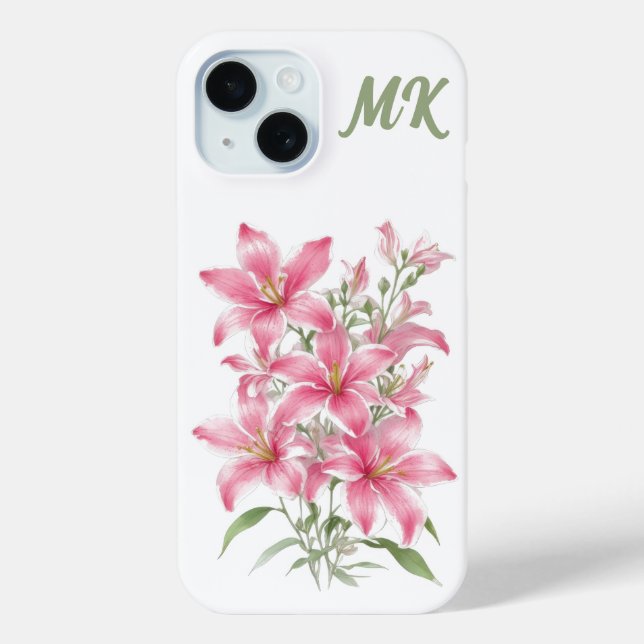 Pink Lily Flowers Monogram Phone Case (Back)
