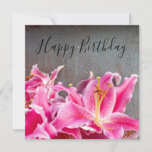 Pink Lily flowers on rustic background  Birthday