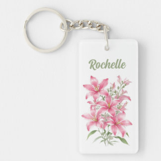 Pink Lily Flowers Personalised Key Ring