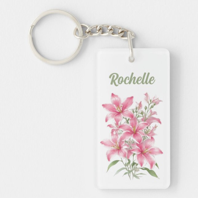 Pink Lily Flowers Personalised Key Ring (Front)