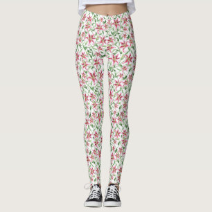 Pink Lily Flowers - Vintage Floral Lilies Leggings