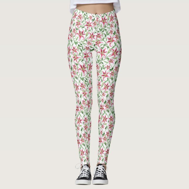 Pink Lily Flowers - Vintage Floral Lilies Leggings (Front)