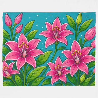 Pink Lily Flowers with Green Foliage Illustration Fleece Blanket