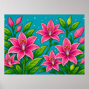Pink Lily Flowers with Green Foliage Illustration Poster