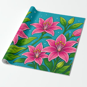 Pink Lily Flowers with Green Foliage Illustration Wrapping Paper