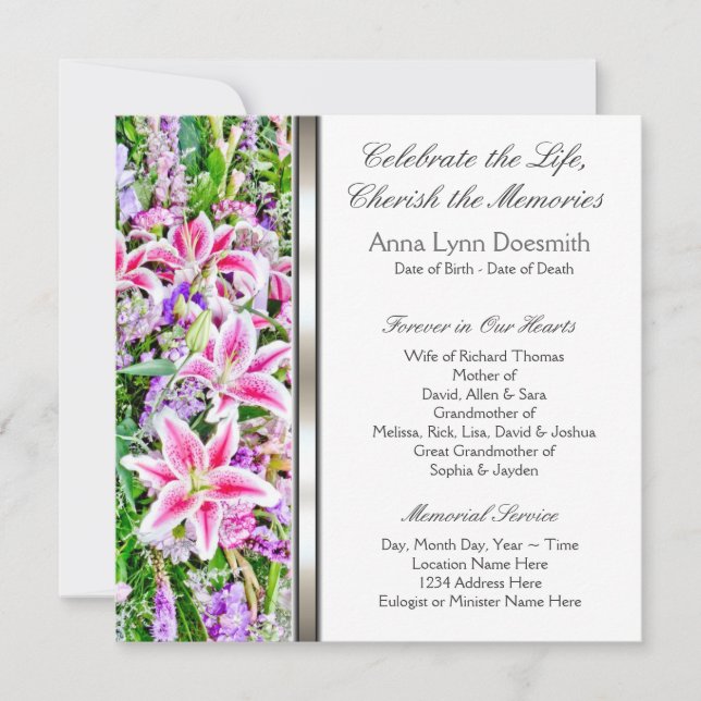 Pink Lily Funeral Announcements (Front)