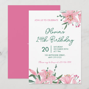 Pink Lily Garden Birthday Party Invitation