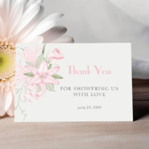Pink Lily Green Leaves Baby Shower Thank You Card