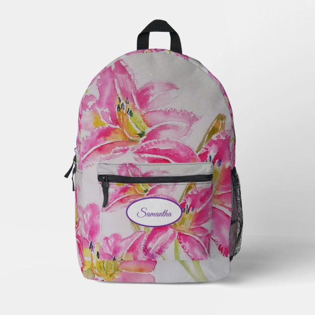 Pink Lily Lilies Watercolor Girls Backpack (Front)
