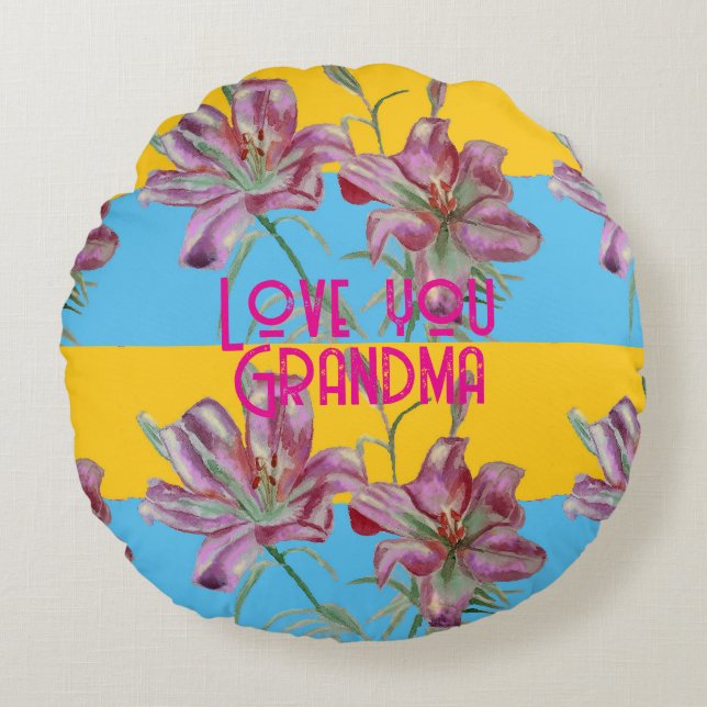 Pink Lily lillies art Grandma Name Decoration Round Cushion (Front)