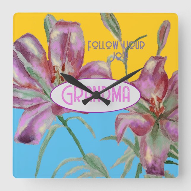 Pink Lily lillies art Grandma Name Decoration Square Wall Clock (Front)