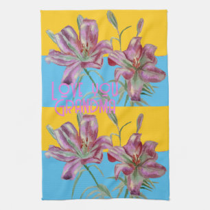 Pink Lily lillies art Grandma Name Decoration Tea Towel