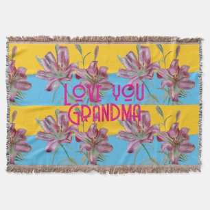 Pink Lily lillies art Grandma Name Decoration Throw Blanket