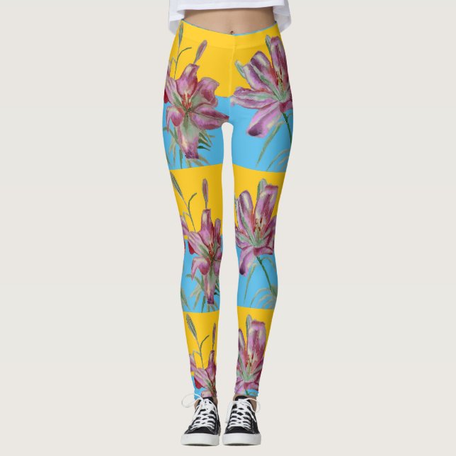 Pink Lily Lillies Floral Flower Watercolor Leggings (Front)
