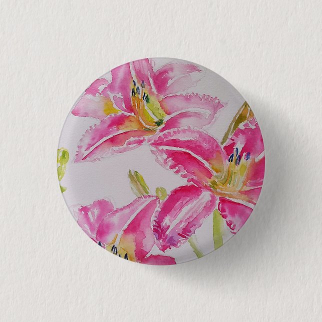 Pink Lily lillies Watercolor Painting Floral 3 Cm Round Badge (Front)