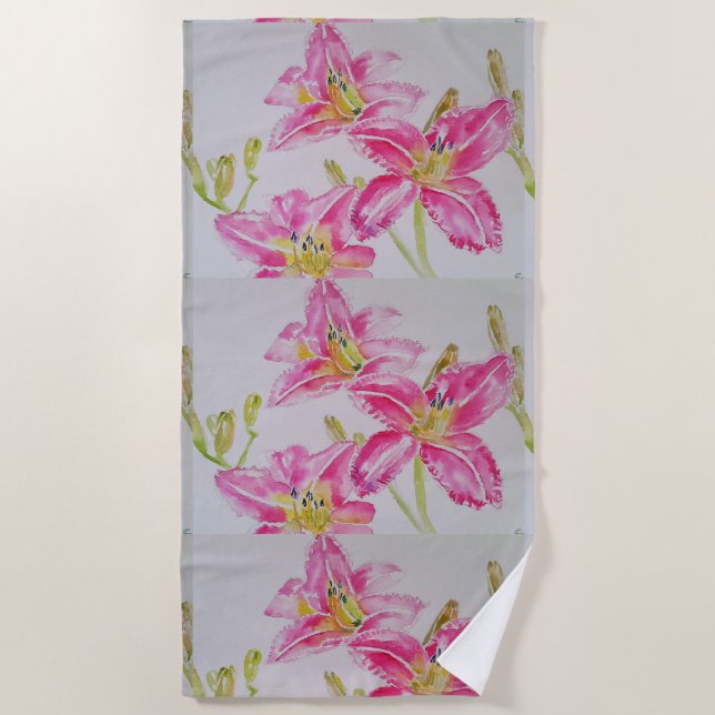 Pink Lily lillies Watercolor Painting Floral Beach Towel (Front)