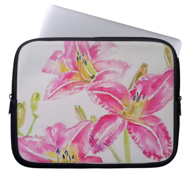 Pink Lily lillies Watercolor Painting Floral Laptop Sleeve (Front)