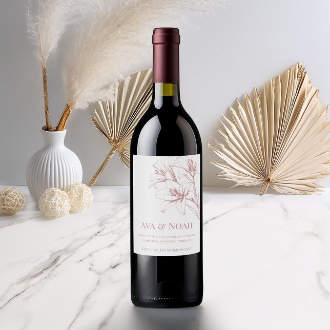 Pink Lily Outline Wedding Wine Label (Creator Uploaded)