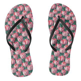 Pink Lily Pattern Slim Strap Flip Flops