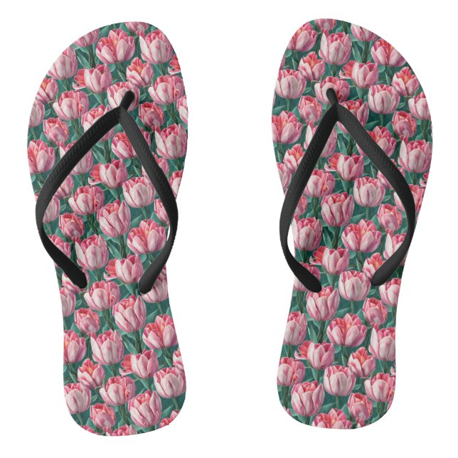Pink Lily Pattern Slim Strap Flip Flops (Footbed)