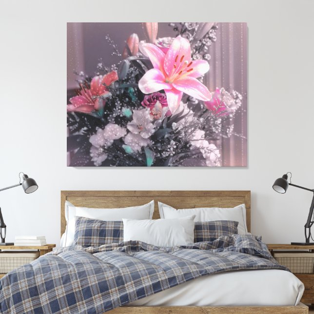 Pink Lily Pearls Bouquet Wrapped Canvas (Insitu(Bedroom))