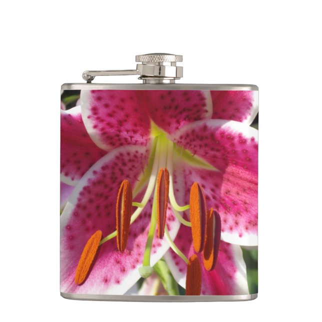 Pink lily pink floral pink flower tropical flower hip flask (Front)