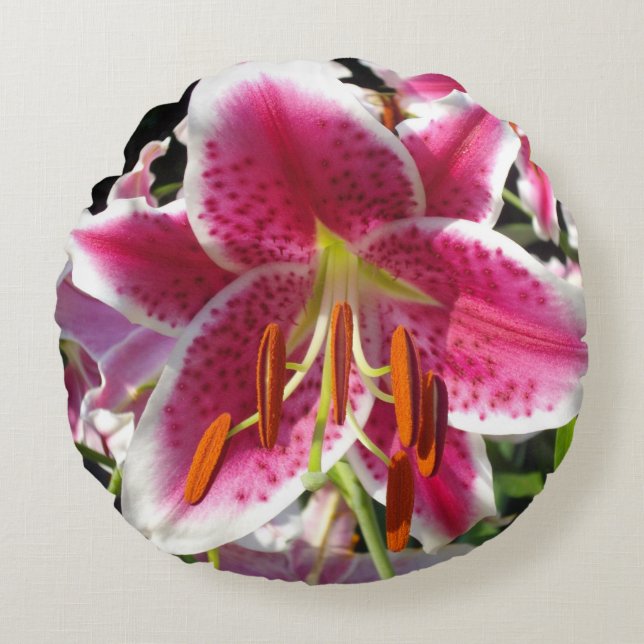 Pink lily pink floral pink flower tropical flower round cushion (Front)