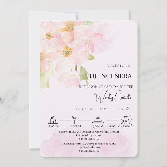 Pink lily quinceañera  invitation (Front)
