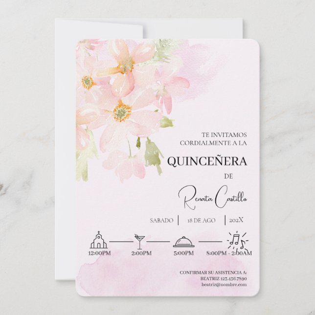 Pink lily Spanish quinceañera  Invitation (Front)