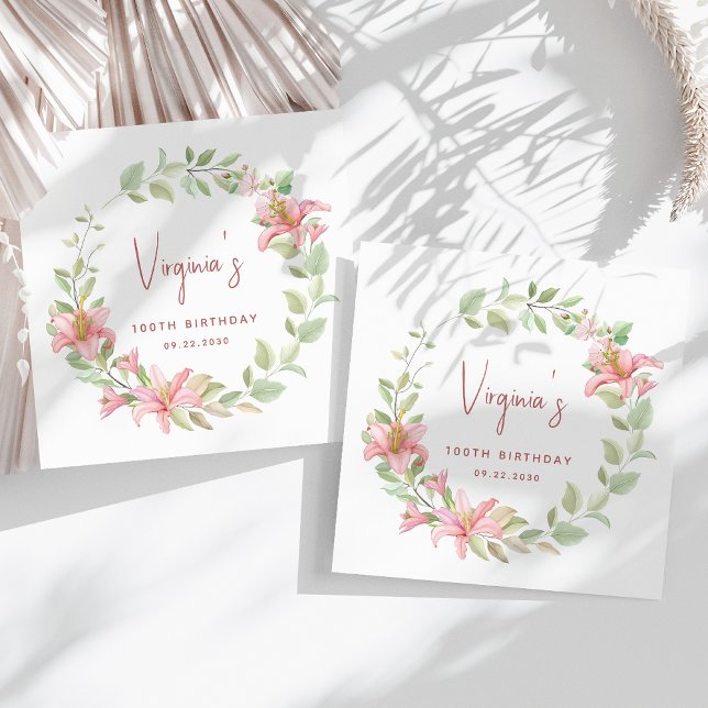 Pink Lily Watercolor Floral 100th Birthday Napkin (Creator Uploaded)