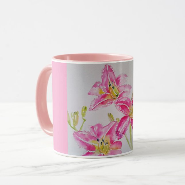 Pink Lily Watercolor floral Flower Mug (Front Left)